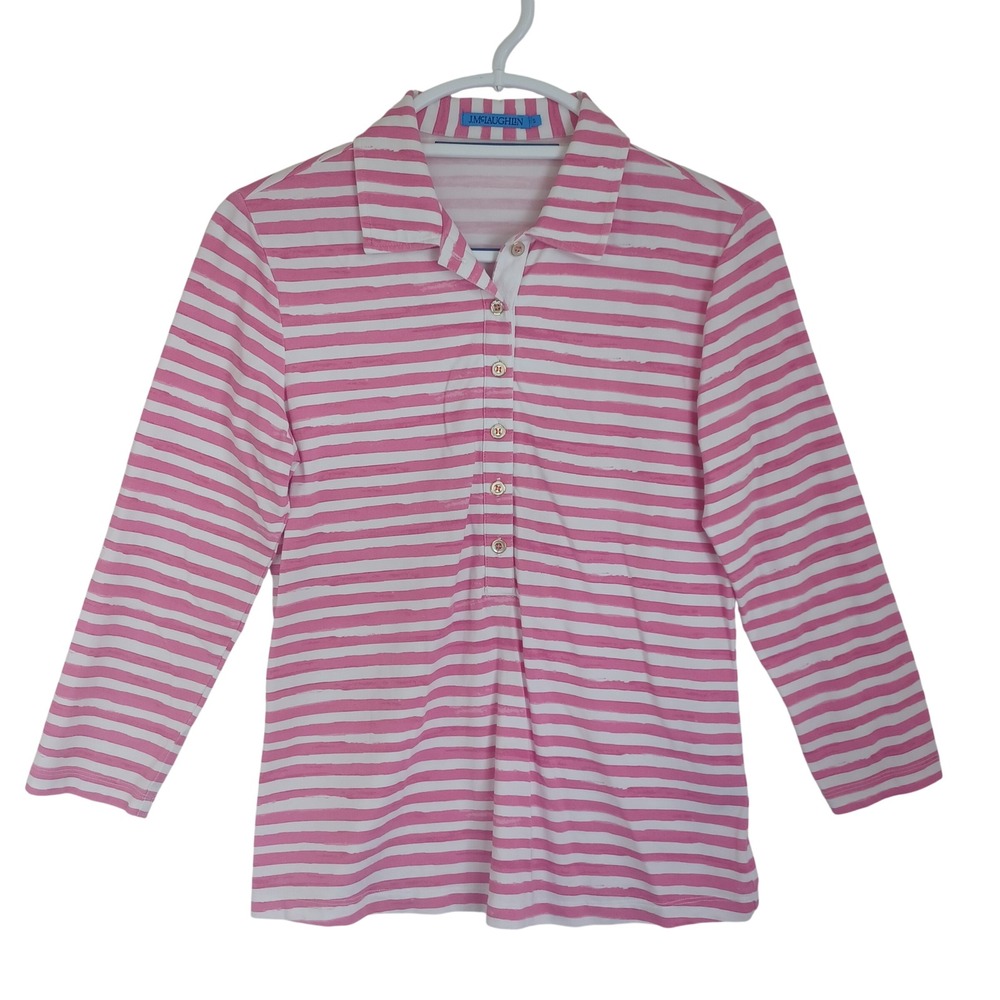 J.McLaughlin Womens Pink White Striped 3/4 Sleeve Polo Shirt Small